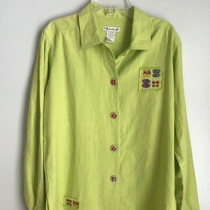 Mureli Green Linen Blend Embellished Flip Flop Button Down Blouse